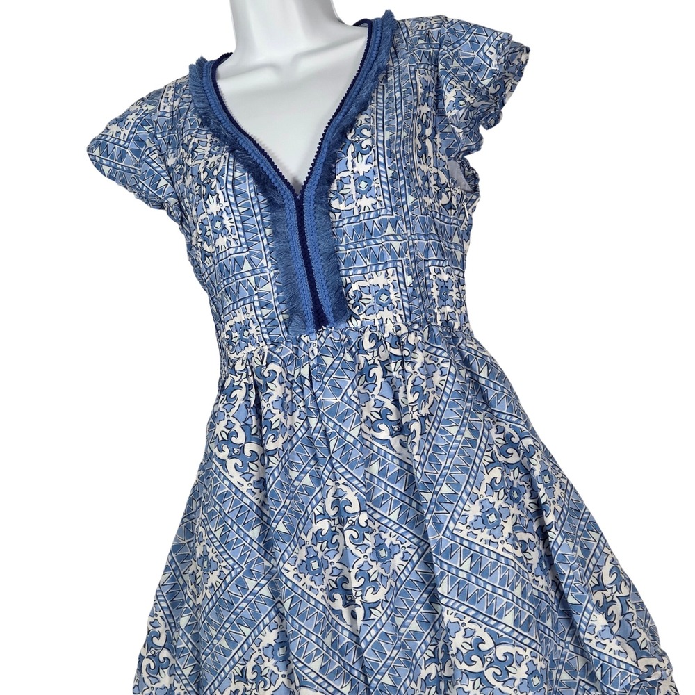 Vineyard Vines Women Small Fit Cay Scarf Print Pintuck Dress White Blue Coastal